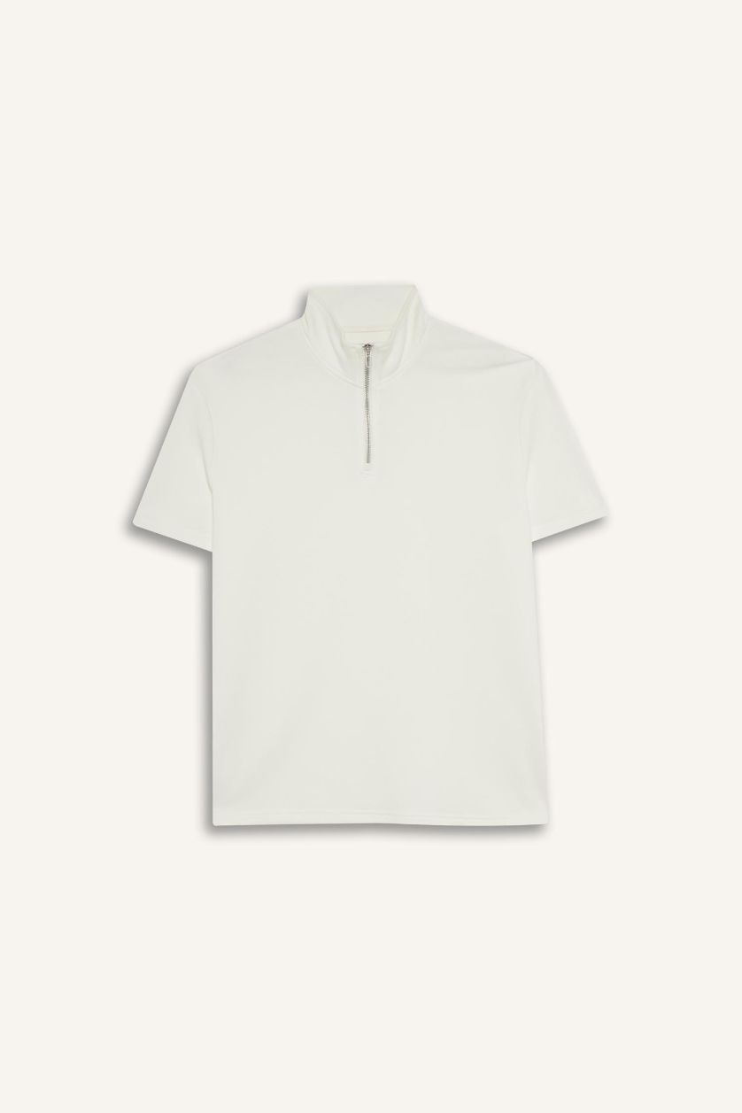 Man White Regular Fit Stand Collar Short Sleeve Heavy Fabric T-Shirt