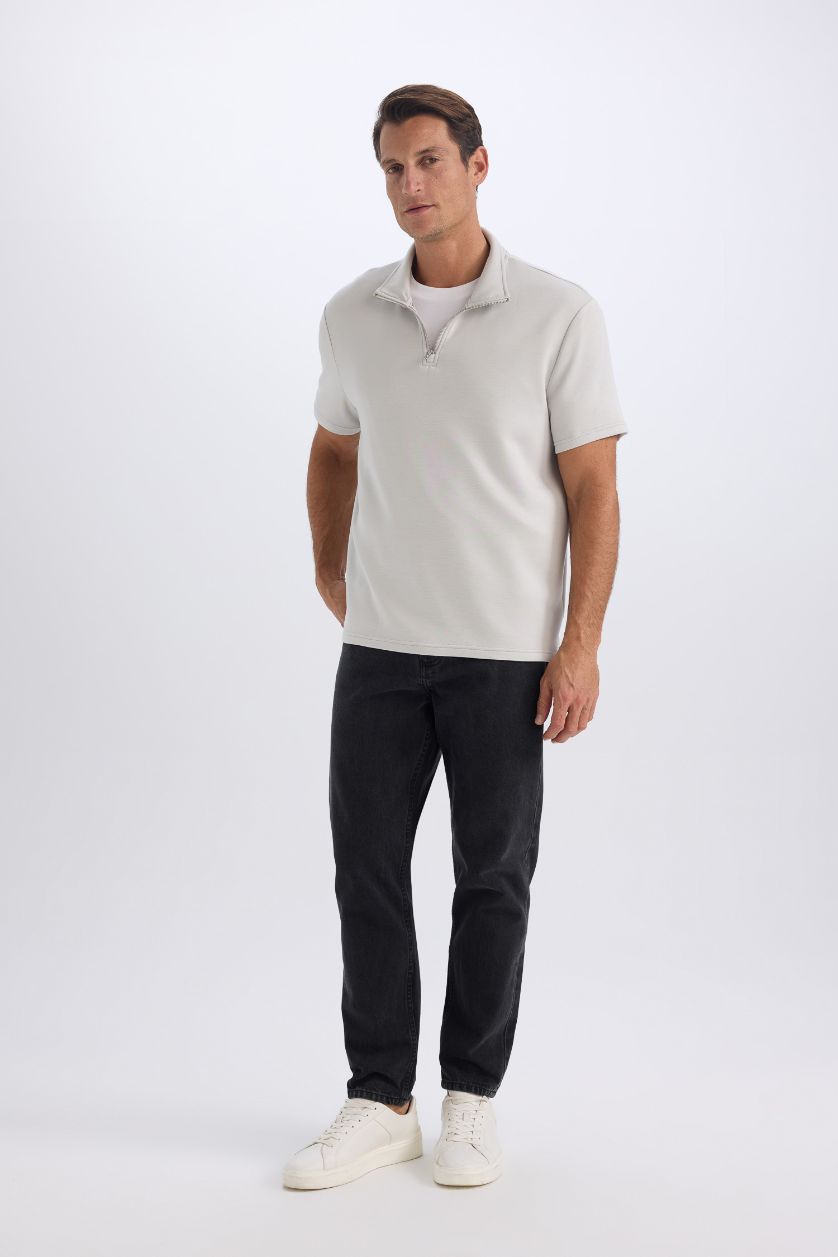 HOMME Gris Clair T-shirt à col montant zippé et manches courtes Coupe régulière