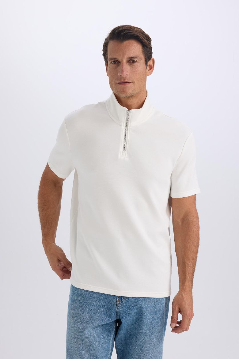 MAN White Regular Fit Stand Collar Short Sleeve Heavy Fabric T-Shirt