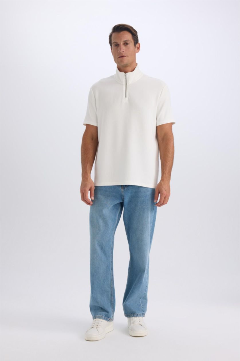 MAN White Regular Fit Stand Collar Short Sleeve Heavy Fabric T-Shirt