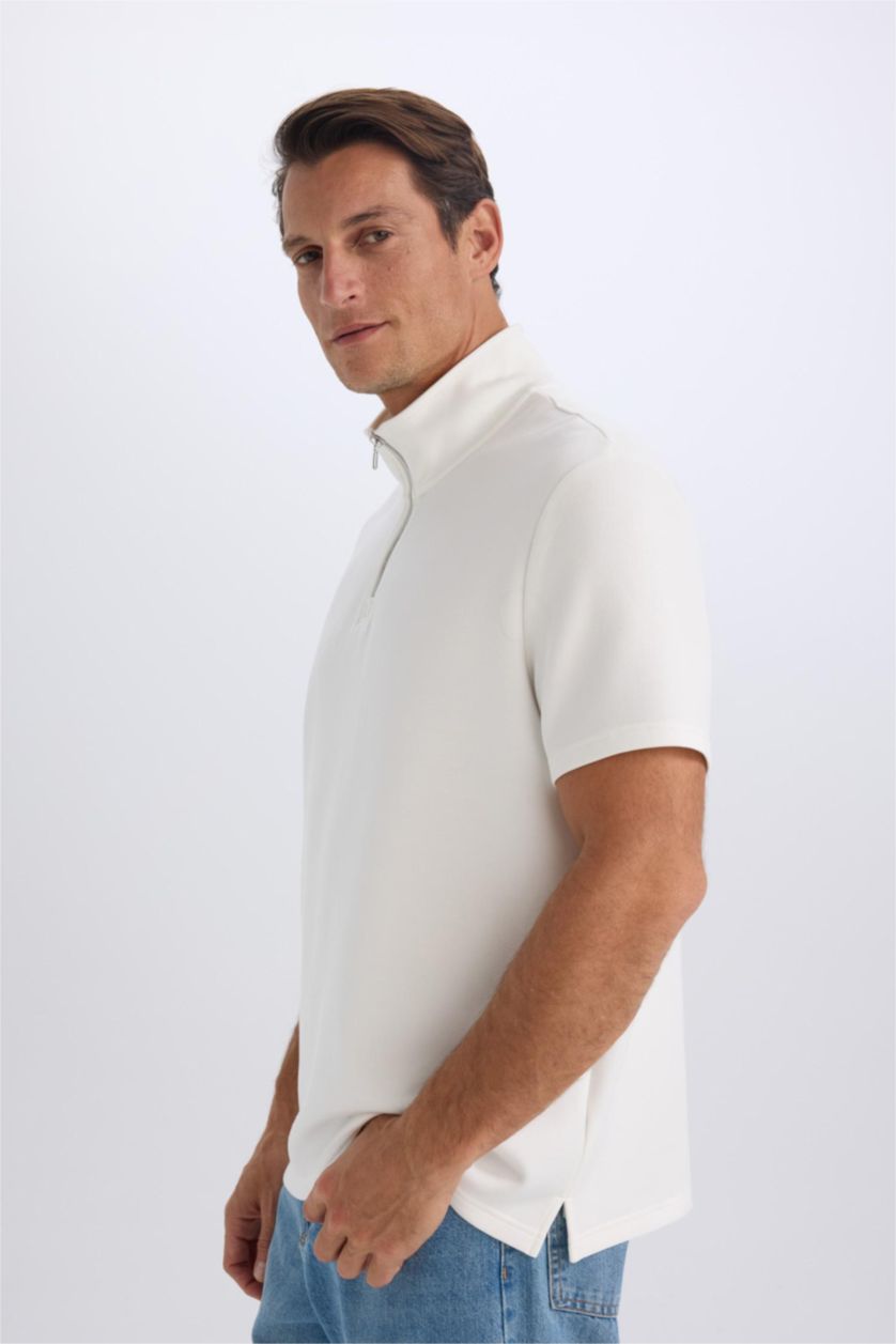 MAN White Regular Fit Stand Collar Short Sleeve Heavy Fabric T-Shirt