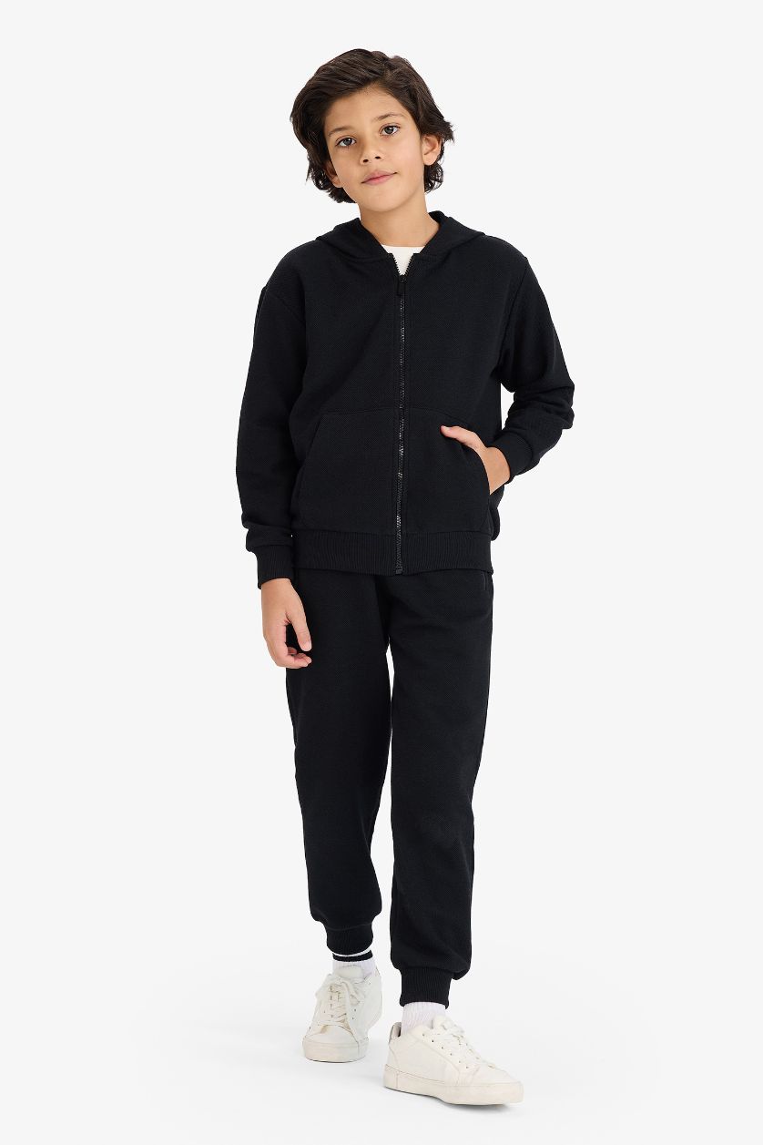 Erkek Çocuk - Genç Erkek Siyah Kapüşonlu Pike Fermuarlı Sweatshirt Erkek Çocuk