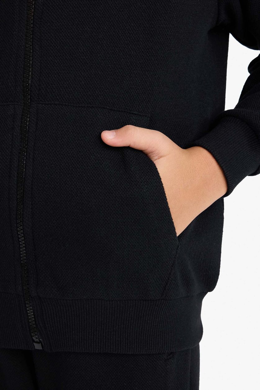 Erkek Çocuk - Genç Erkek Siyah Kapüşonlu Pike Fermuarlı Sweatshirt Erkek Çocuk