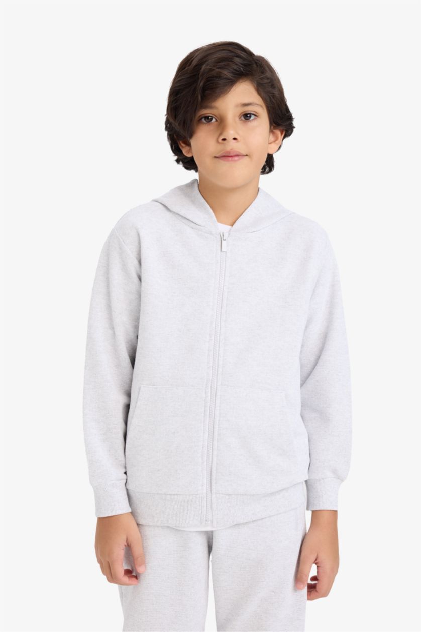 Boys & Teens Light Grey Melange Boy Regular Fit Pique Zip-Up Hoodie