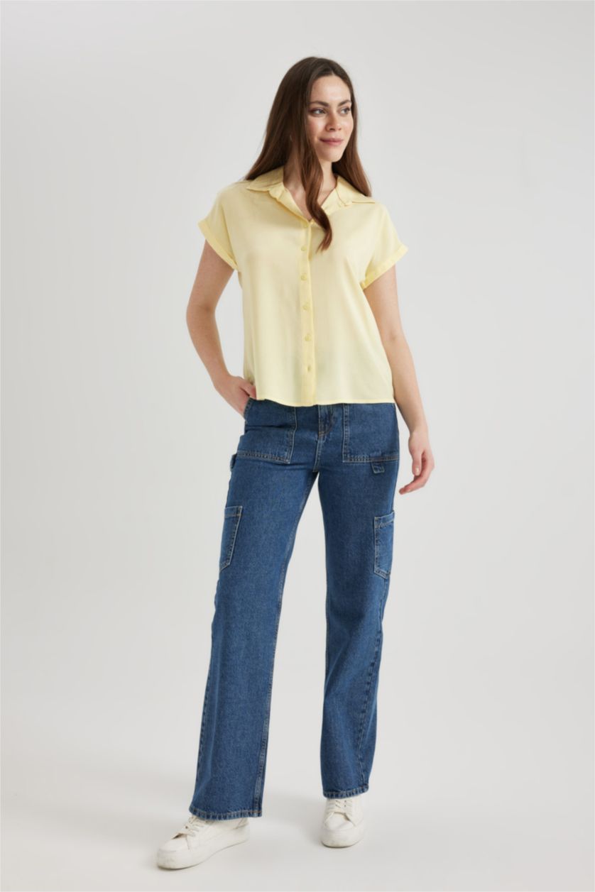 نساء أزرق غامق بنطلون جينز كارجو وايد ليج  بخصر عالي