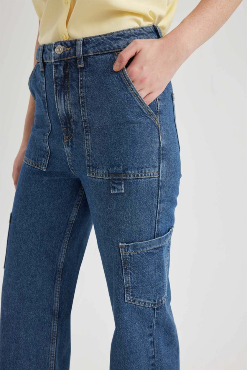 نساء أزرق غامق بنطلون جينز كارجو وايد ليج  بخصر عالي