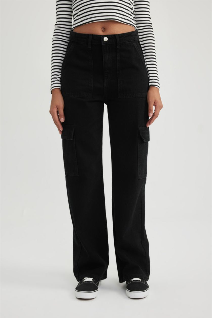 نساء أسود بنطرون جينز كارجو ولادي برجل واسع وخصر عالي