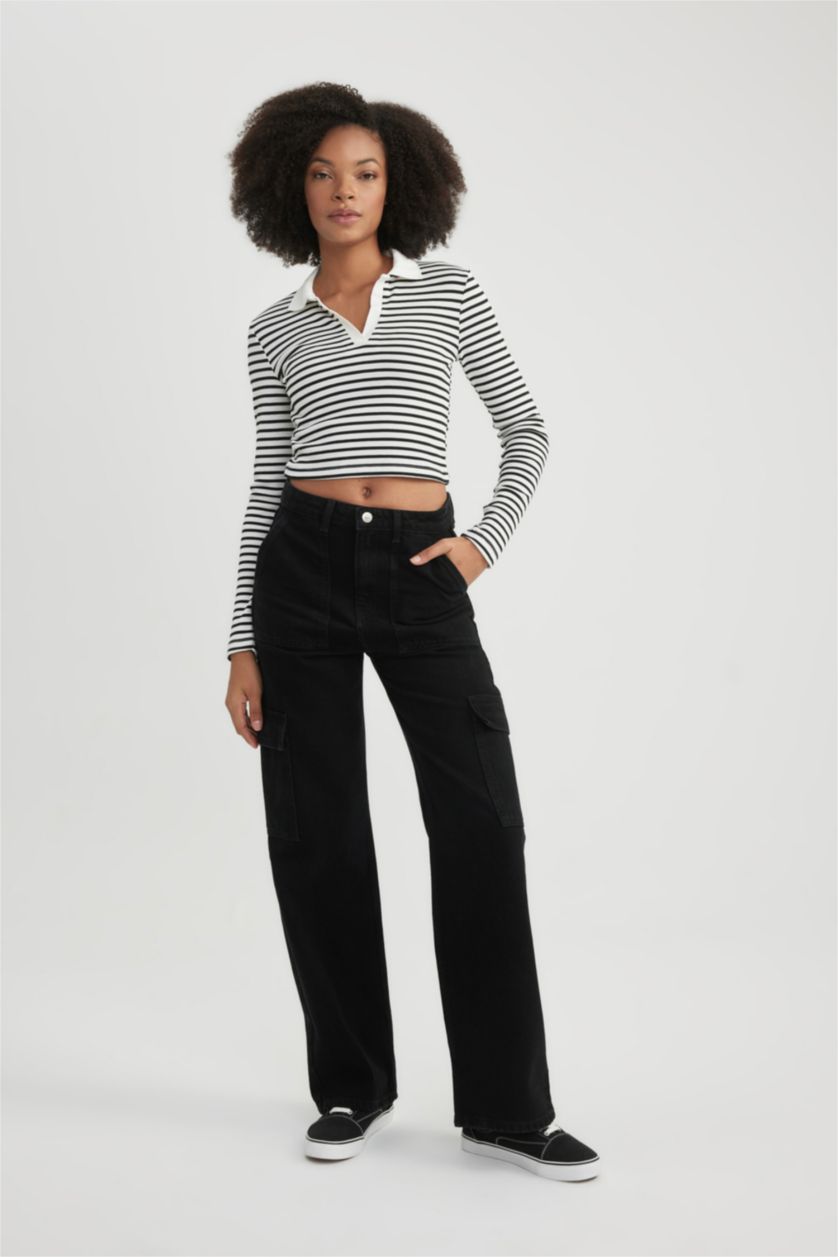 نساء أسود بنطرون جينز كارجو ولادي برجل واسع وخصر عالي