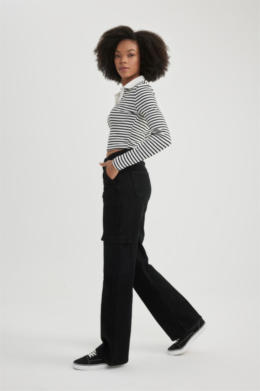 نساء أسود بنطرون جينز كارجو ولادي برجل واسع وخصر عالي