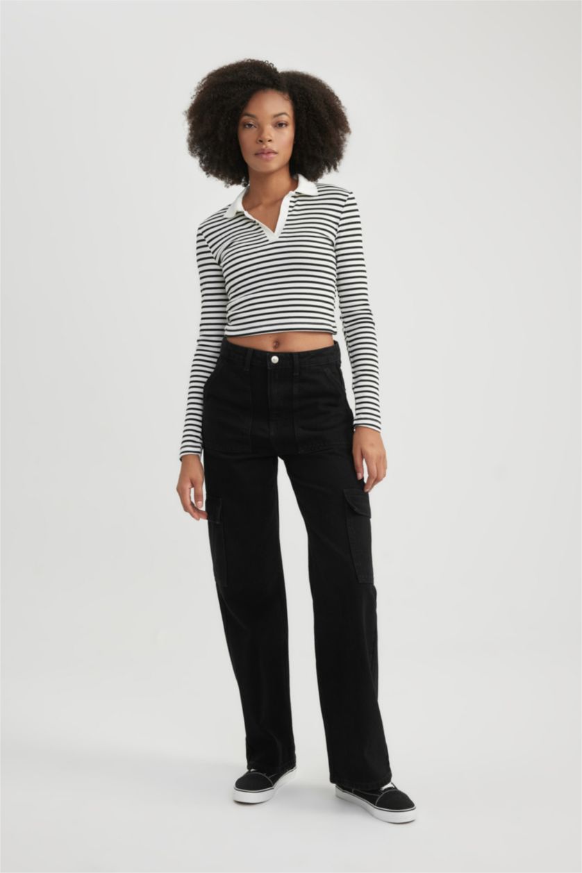 نساء أسود بنطرون جينز كارجو ولادي برجل واسع وخصر عالي