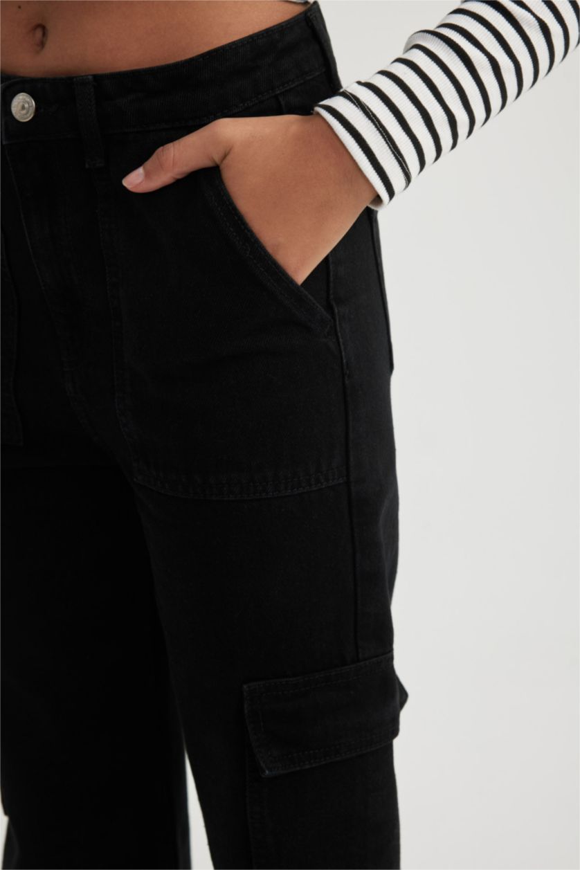 نساء أسود بنطرون جينز كارجو ولادي برجل واسع وخصر عالي