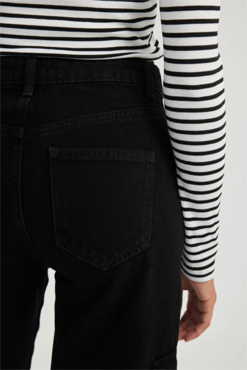 نساء أسود بنطرون جينز كارجو ولادي برجل واسع وخصر عالي