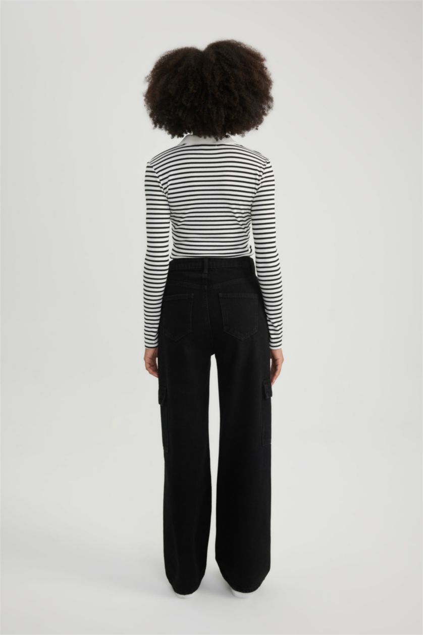 نساء أسود بنطرون جينز كارجو ولادي برجل واسع وخصر عالي