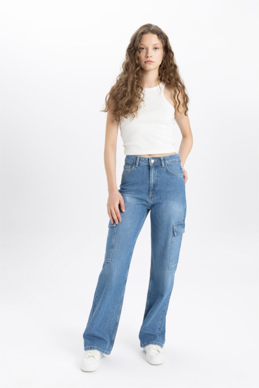 نساء نيلي فاتح بنطلون جينز وايد ليج برجل واسع وخصر عالي