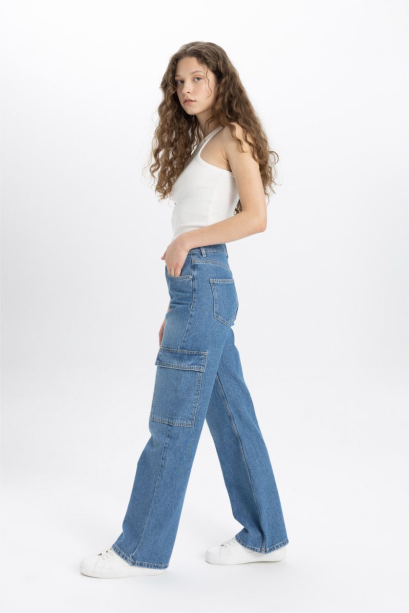 نساء نيلي فاتح بنطلون جينز وايد ليج برجل واسع وخصر عالي