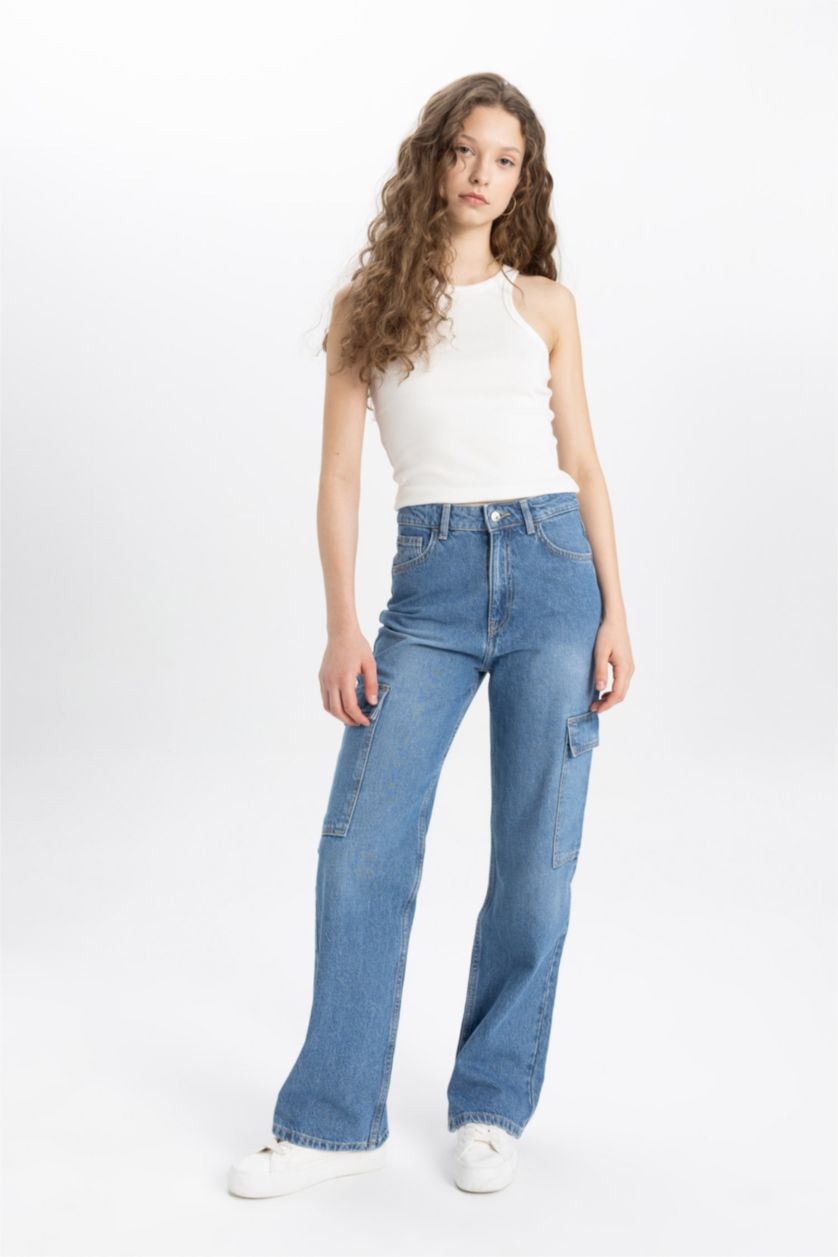 نساء نيلي فاتح بنطلون جينز وايد ليج برجل واسع وخصر عالي