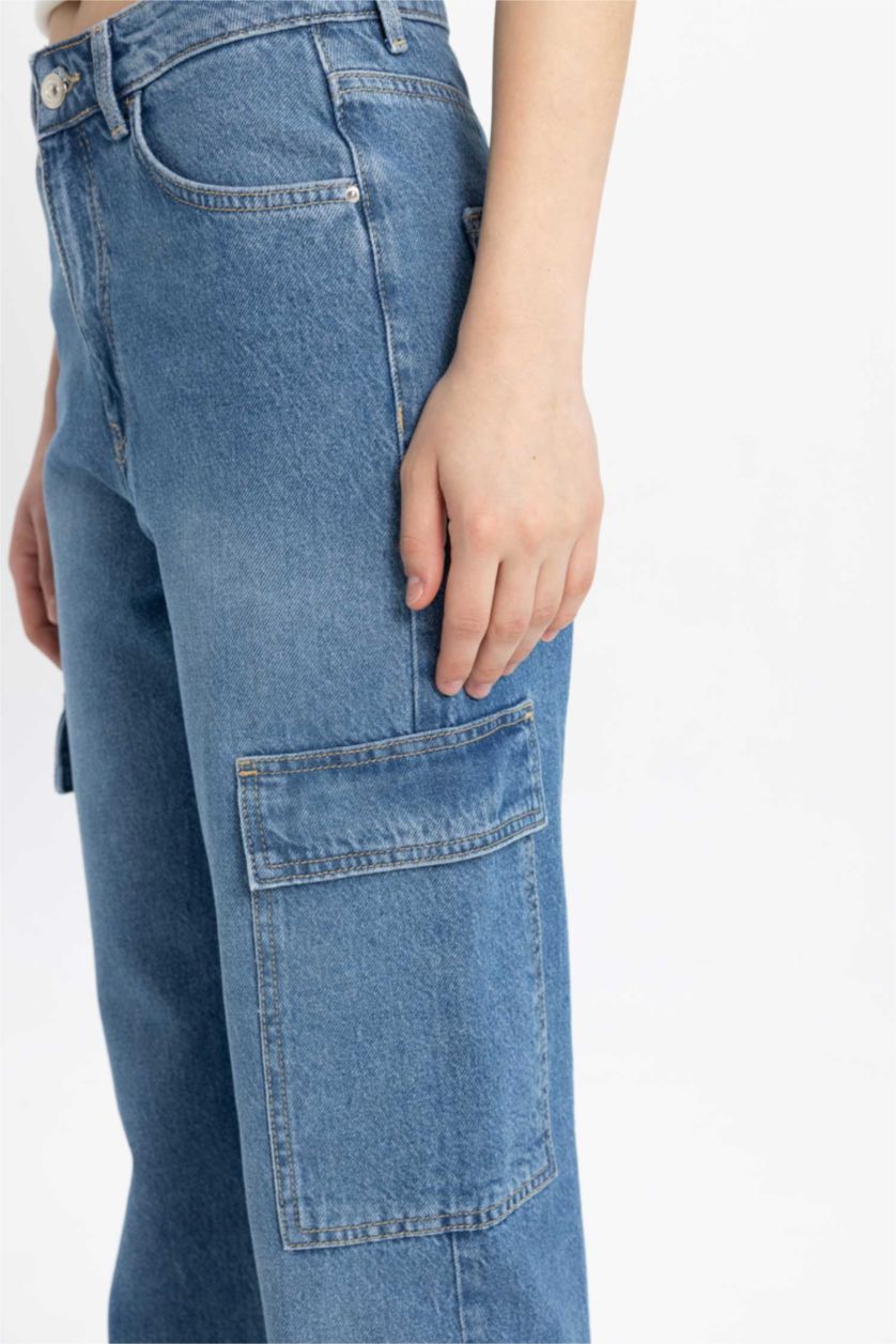 نساء نيلي فاتح بنطلون جينز وايد ليج برجل واسع وخصر عالي