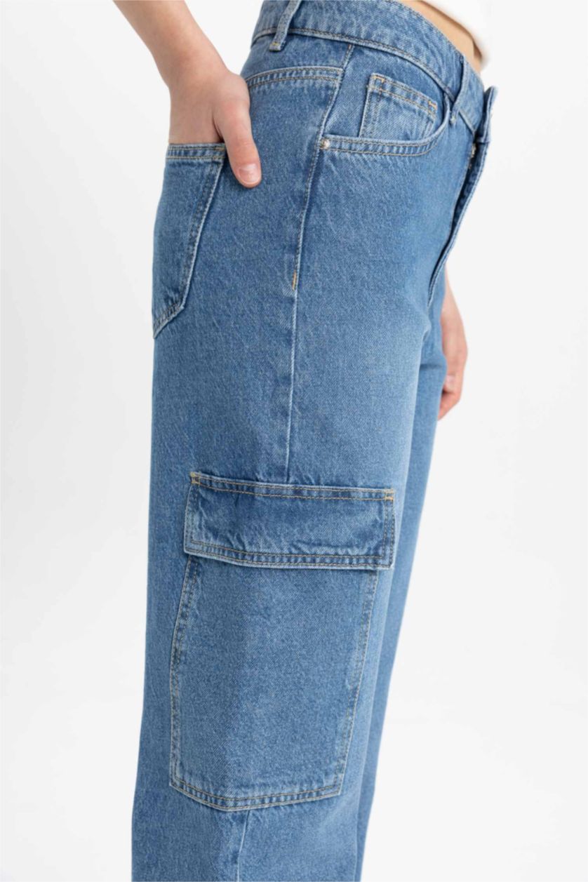 نساء نيلي فاتح بنطلون جينز وايد ليج برجل واسع وخصر عالي