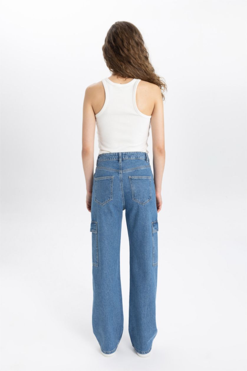 نساء نيلي فاتح بنطلون جينز وايد ليج برجل واسع وخصر عالي