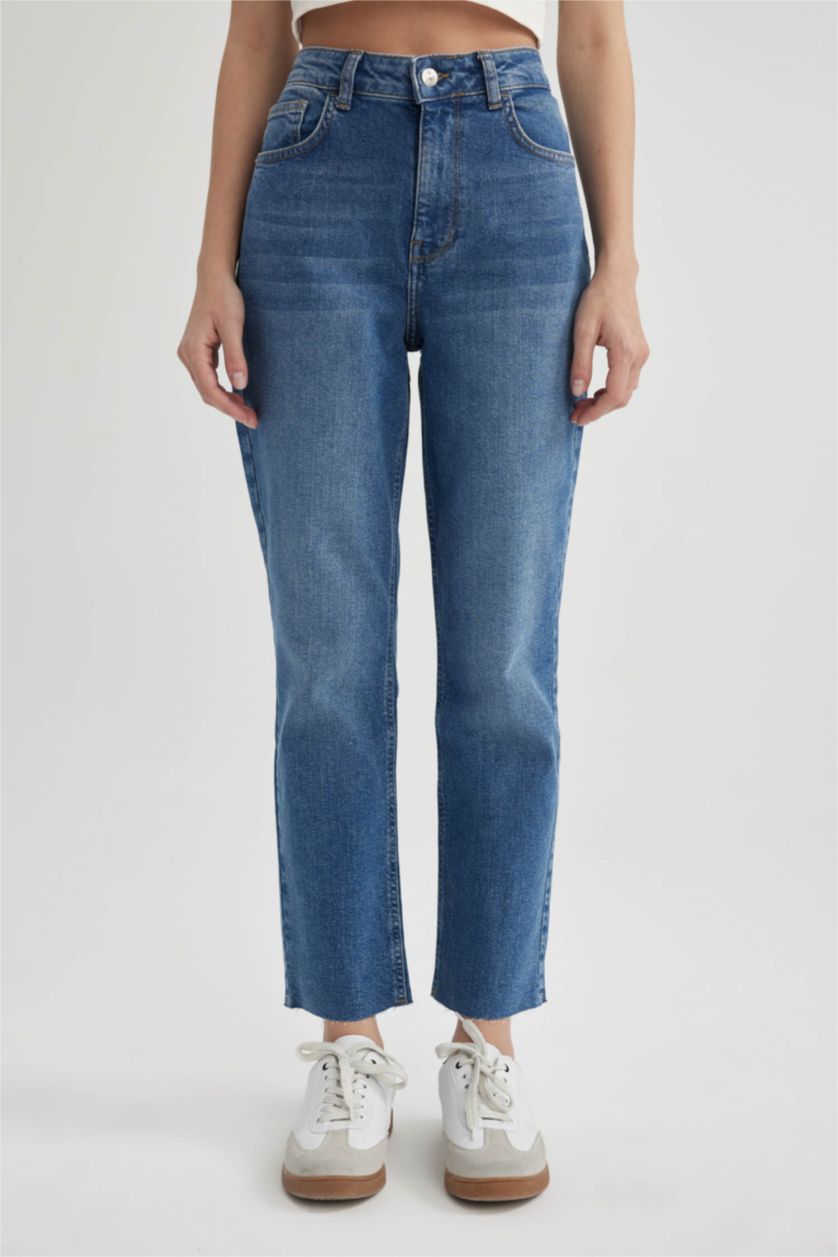 FEMME Bleu Pantalon Jean Mary Vintage Coupe Droite Taille Haute Cheville Délavé