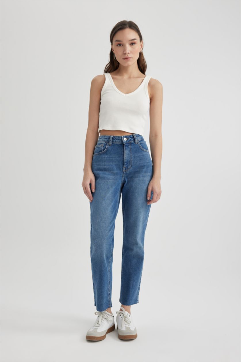 FEMME Bleu Pantalon Jean Mary Vintage Coupe Droite Taille Haute Cheville Délavé