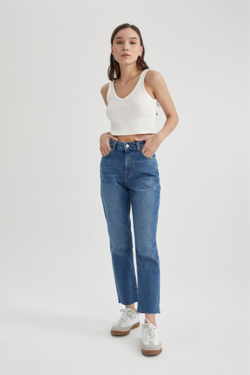 FEMME Bleu Pantalon Jean Mary Vintage Coupe Droite Taille Haute Cheville Délavé