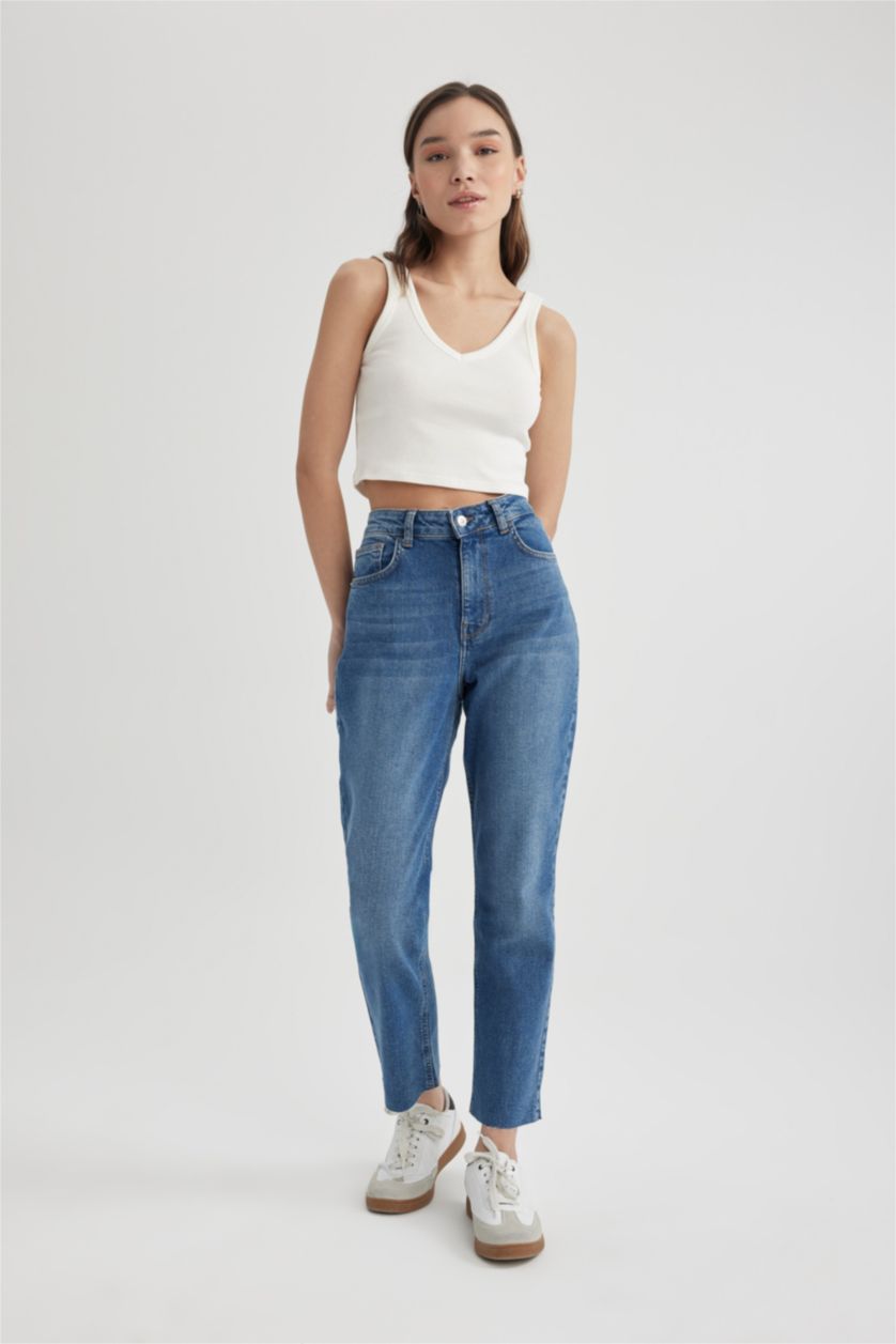 FEMME Bleu Pantalon Jean Mary Vintage Coupe Droite Taille Haute Cheville Délavé