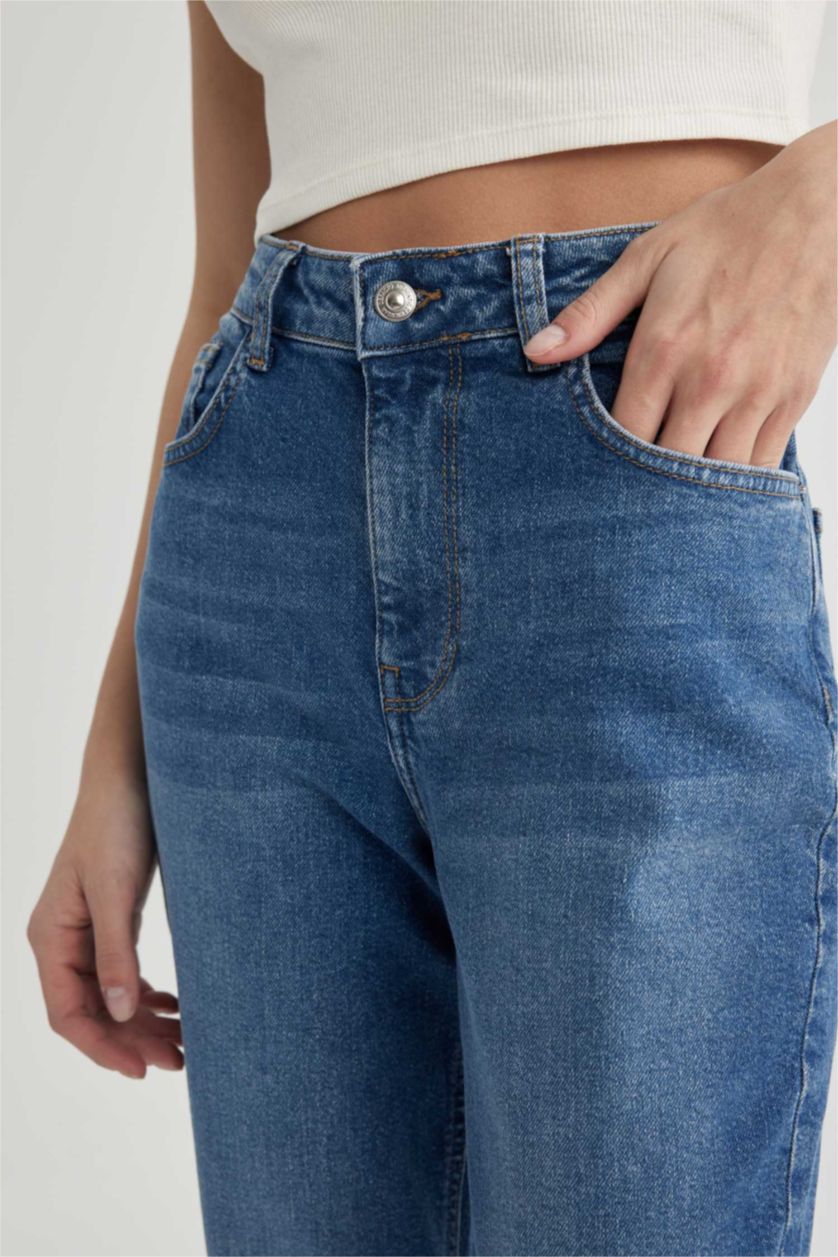 FEMME Bleu Pantalon Jean Mary Vintage Coupe Droite Taille Haute Cheville Délavé