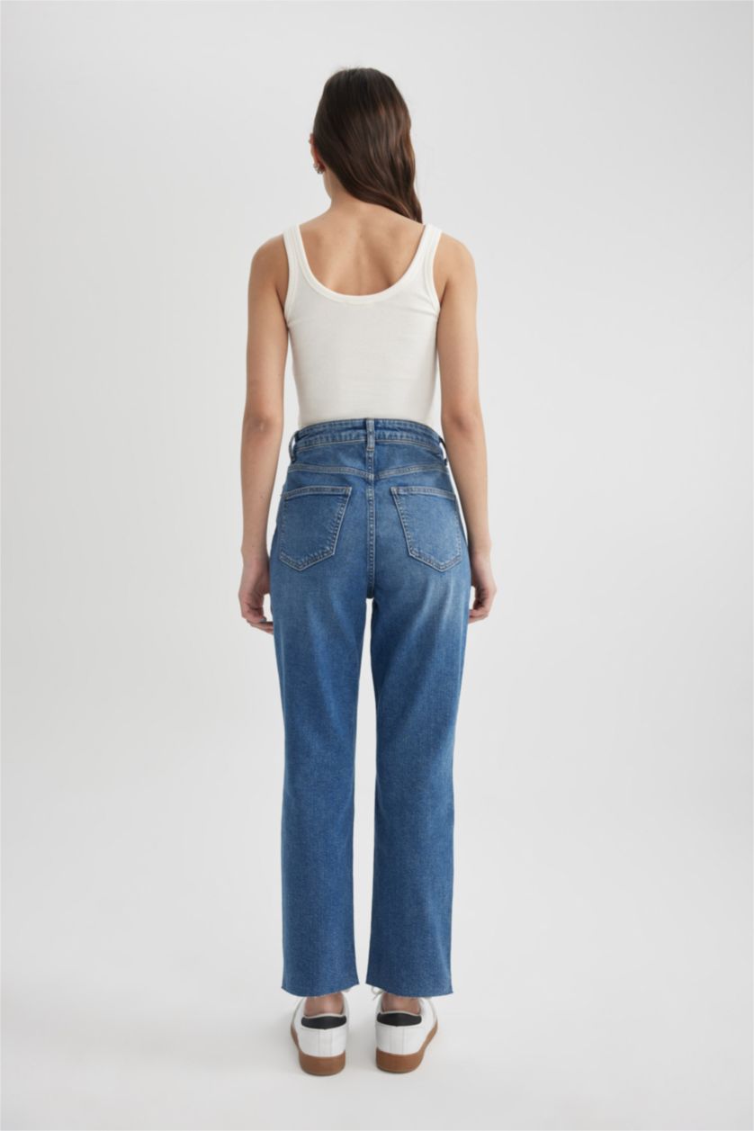 FEMME Bleu Pantalon Jean Mary Vintage Coupe Droite Taille Haute Cheville Délavé