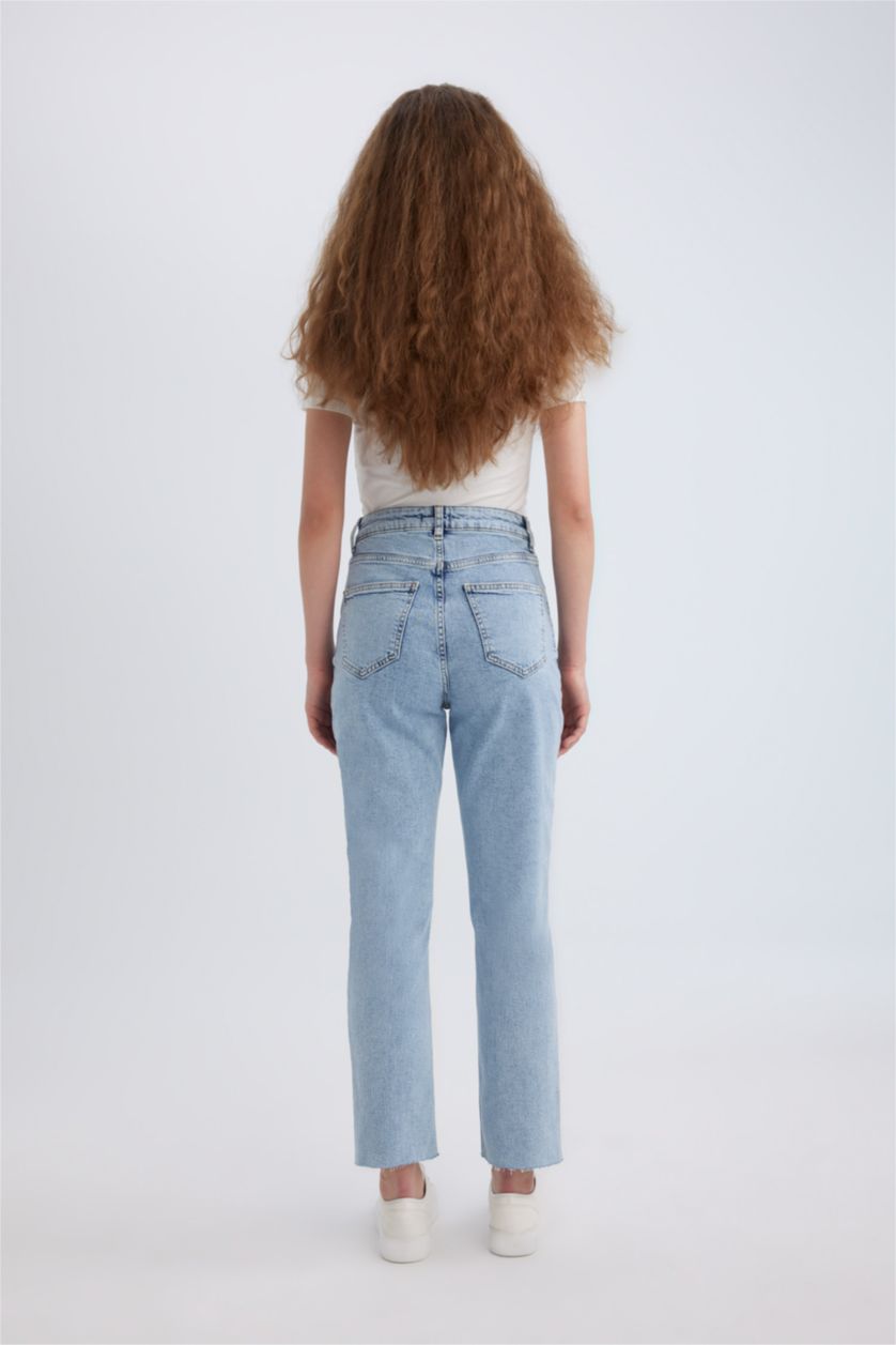 نساء أزرق فاتح بنطلون جينز فينتج بقصة مستقيمة وخصر عالي وحافة ممزقة