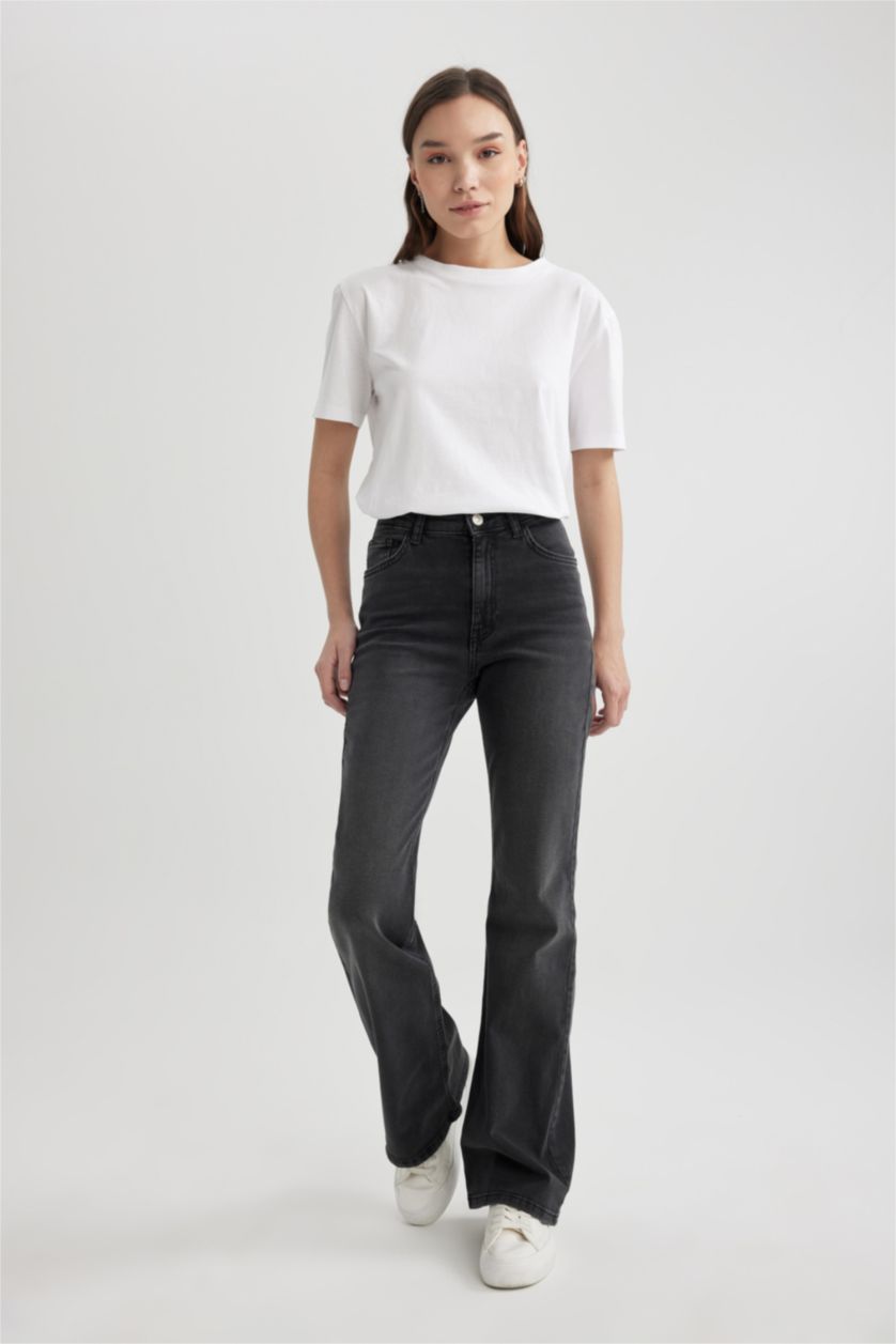 نساء أنثرا بنطلون جينز شارلستون برجل واسع بحافة ممزقة وخصر عالي