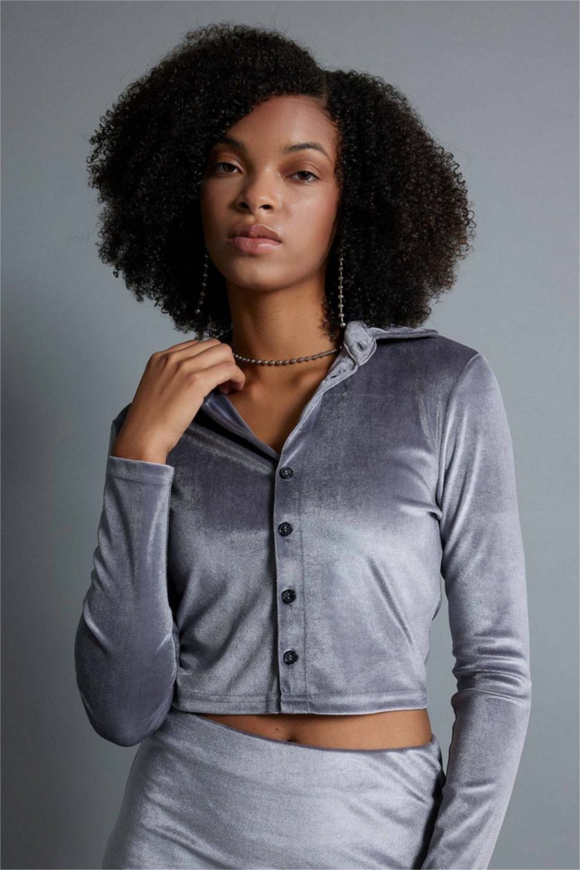 FEMME Anthracite Slim Fit Velvet Long Sleeve Shirt