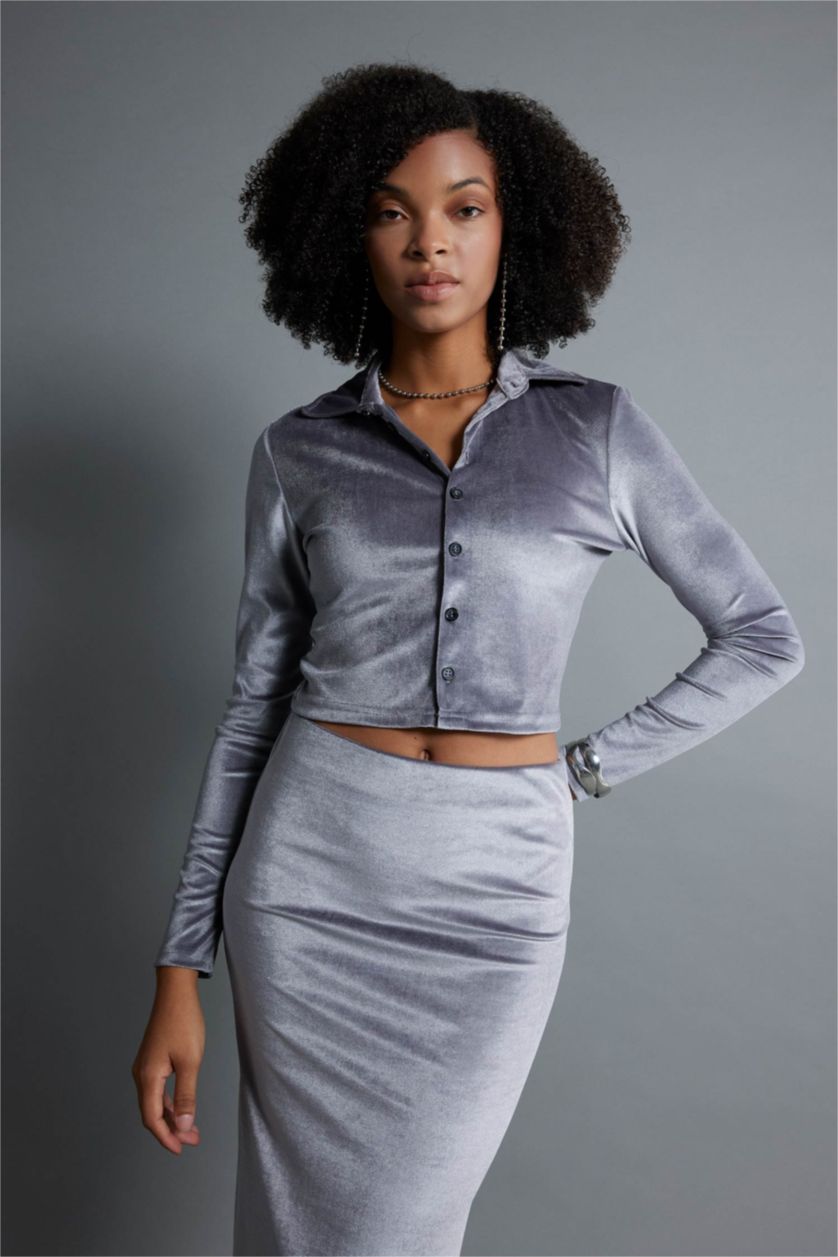 FEMME Anthracite Slim Fit Velvet Long Sleeve Shirt