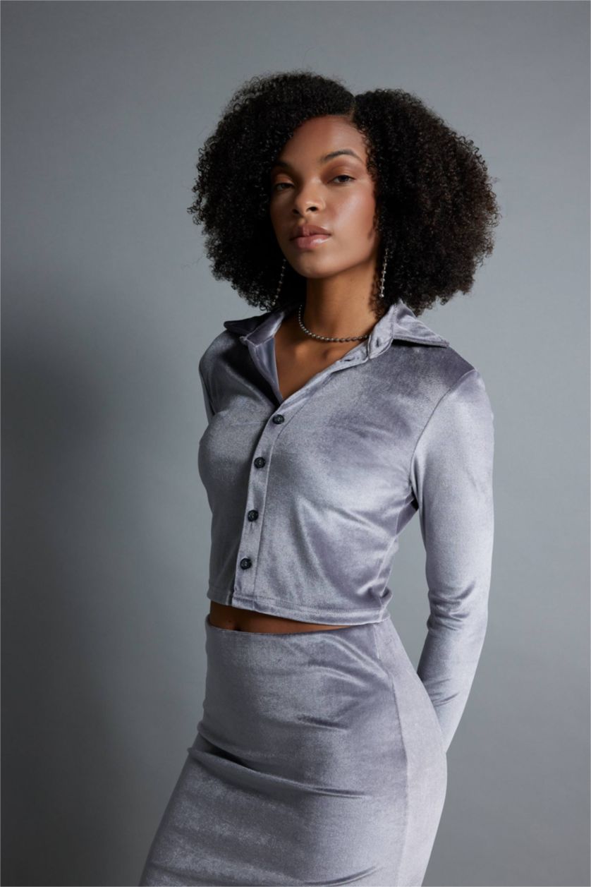 FEMME Anthracite Slim Fit Velvet Long Sleeve Shirt