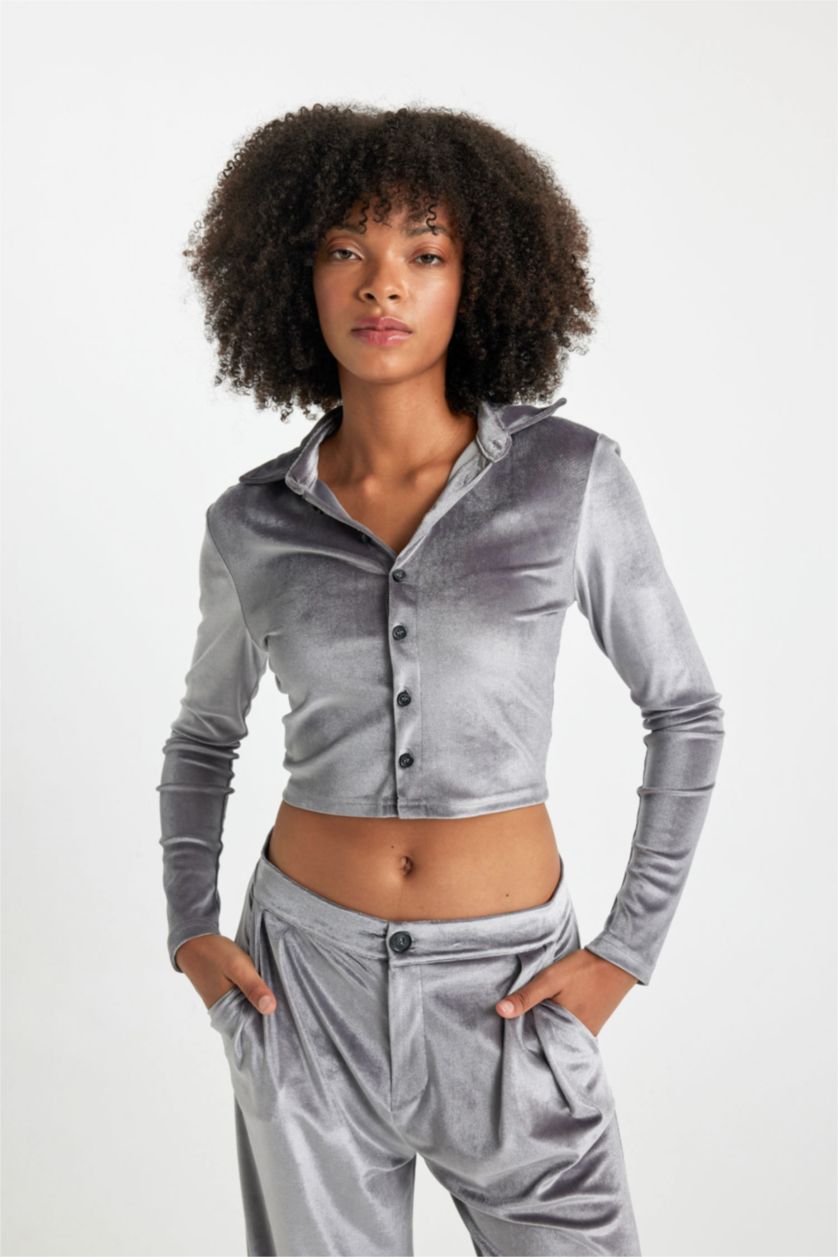 FEMME Anthracite Slim Fit Velvet Long Sleeve Shirt
