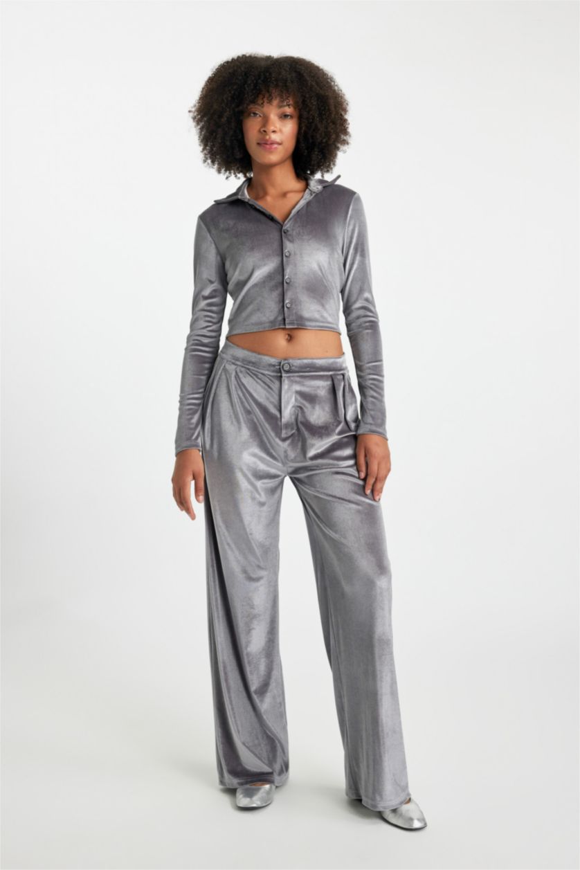 FEMME Anthracite Slim Fit Velvet Long Sleeve Shirt