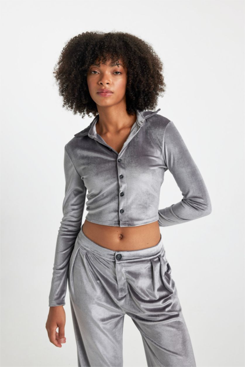 FEMME Anthracite Slim Fit Velvet Long Sleeve Shirt