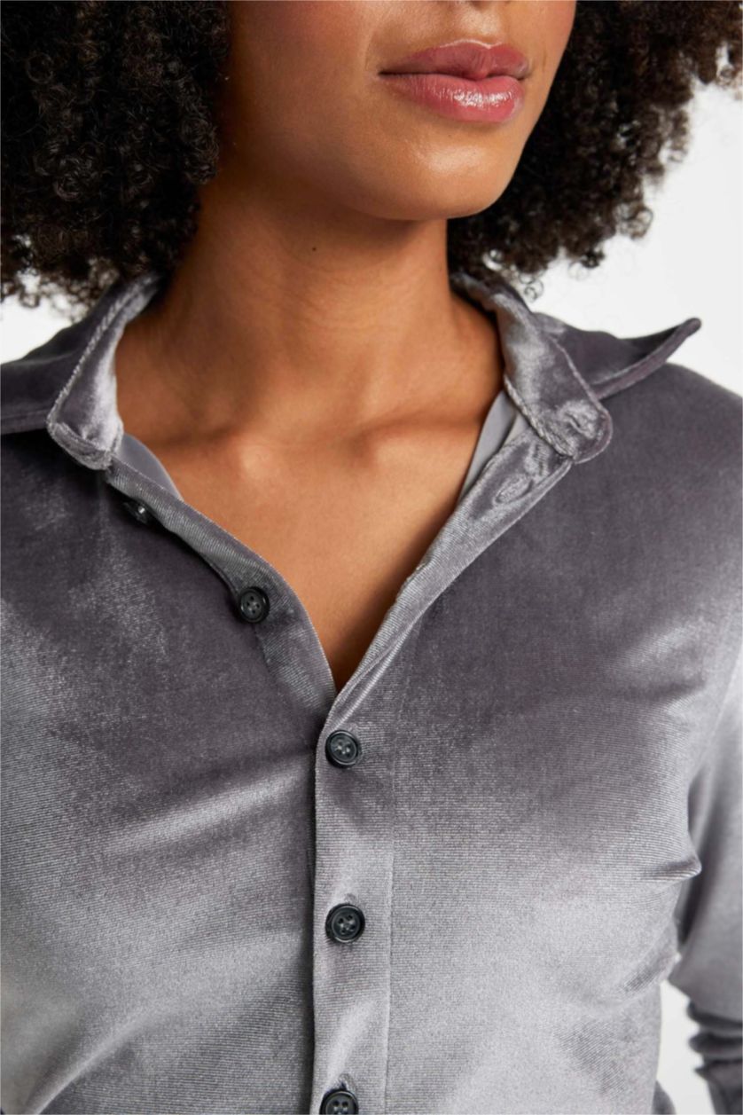 FEMME Anthracite Slim Fit Velvet Long Sleeve Shirt