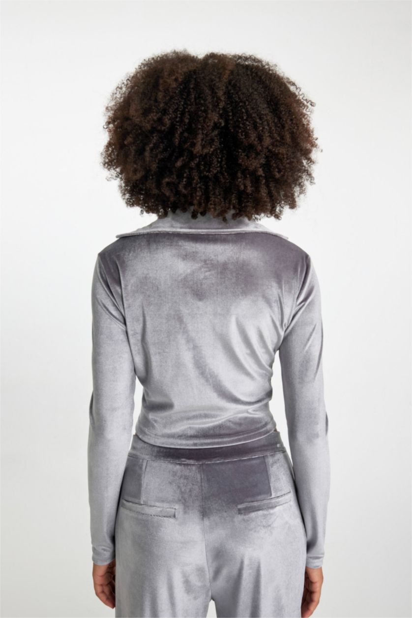 FEMME Anthracite Slim Fit Velvet Long Sleeve Shirt