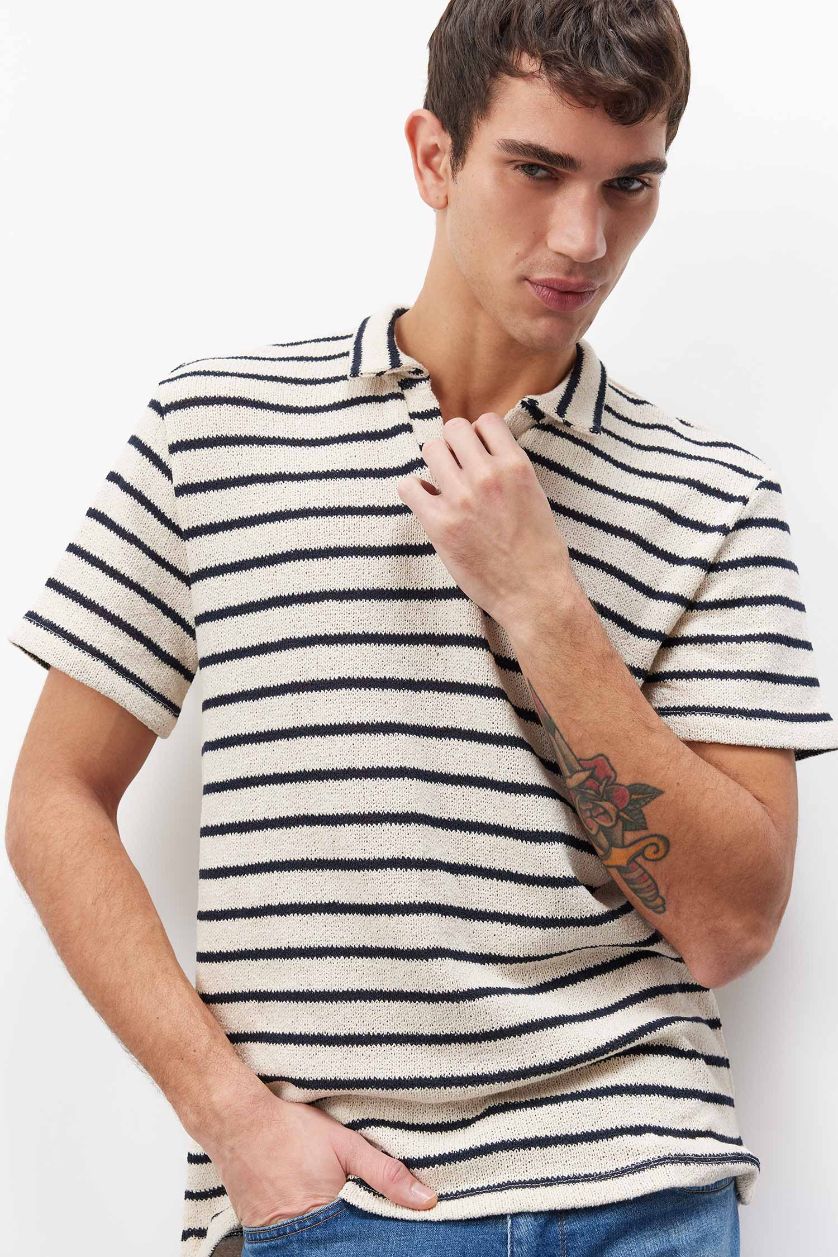 MAN Ecru Regular Fit Striped Short Sleeve Polo T-Shirt