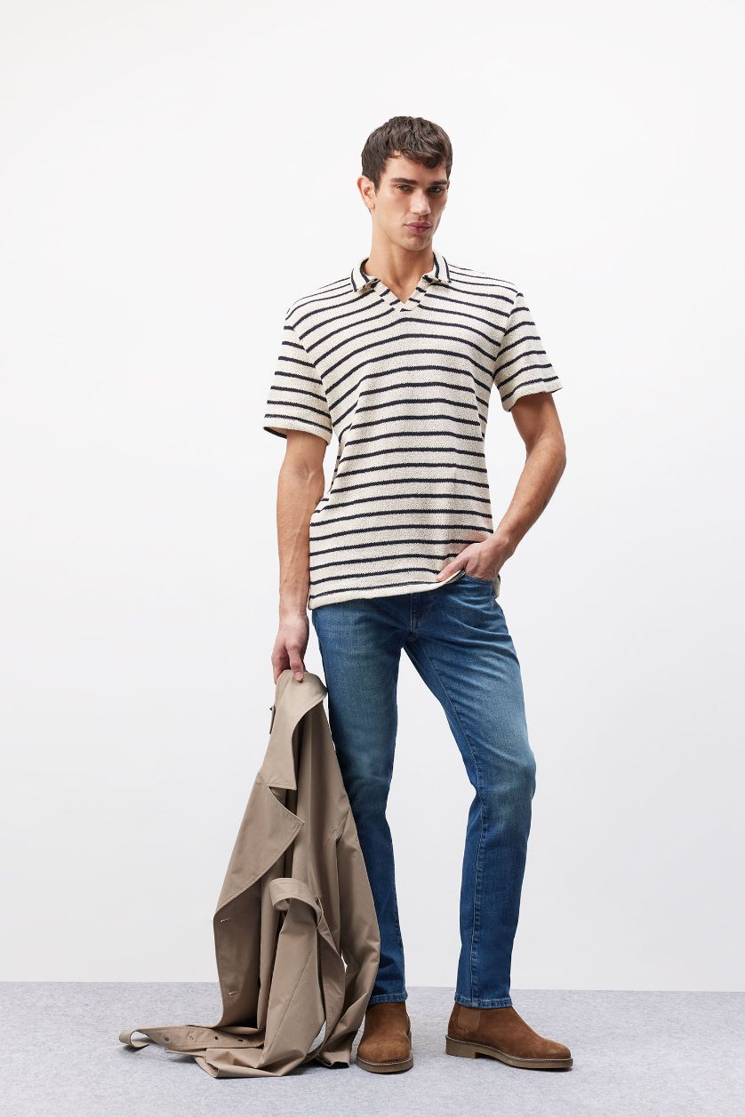 MAN Ecru Regular Fit Striped Short Sleeve Polo T-Shirt