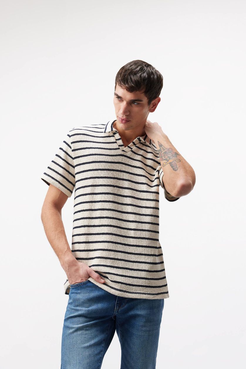 MAN Ecru Regular Fit Striped Short Sleeve Polo T-Shirt