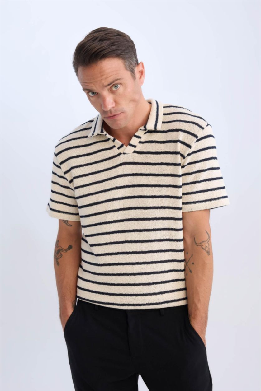 MAN Ecru Regular Fit Striped Short Sleeve Polo T-Shirt