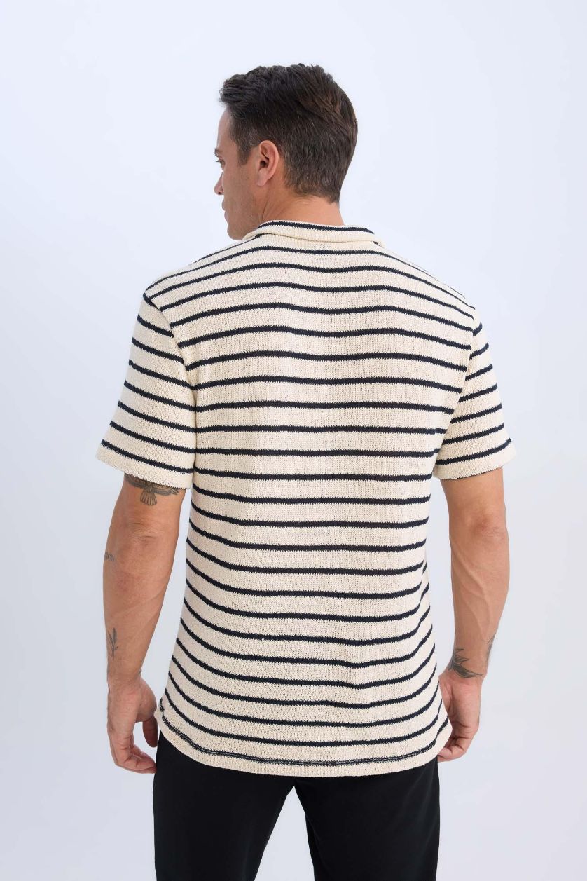 MAN Ecru Regular Fit Striped Short Sleeve Polo T-Shirt