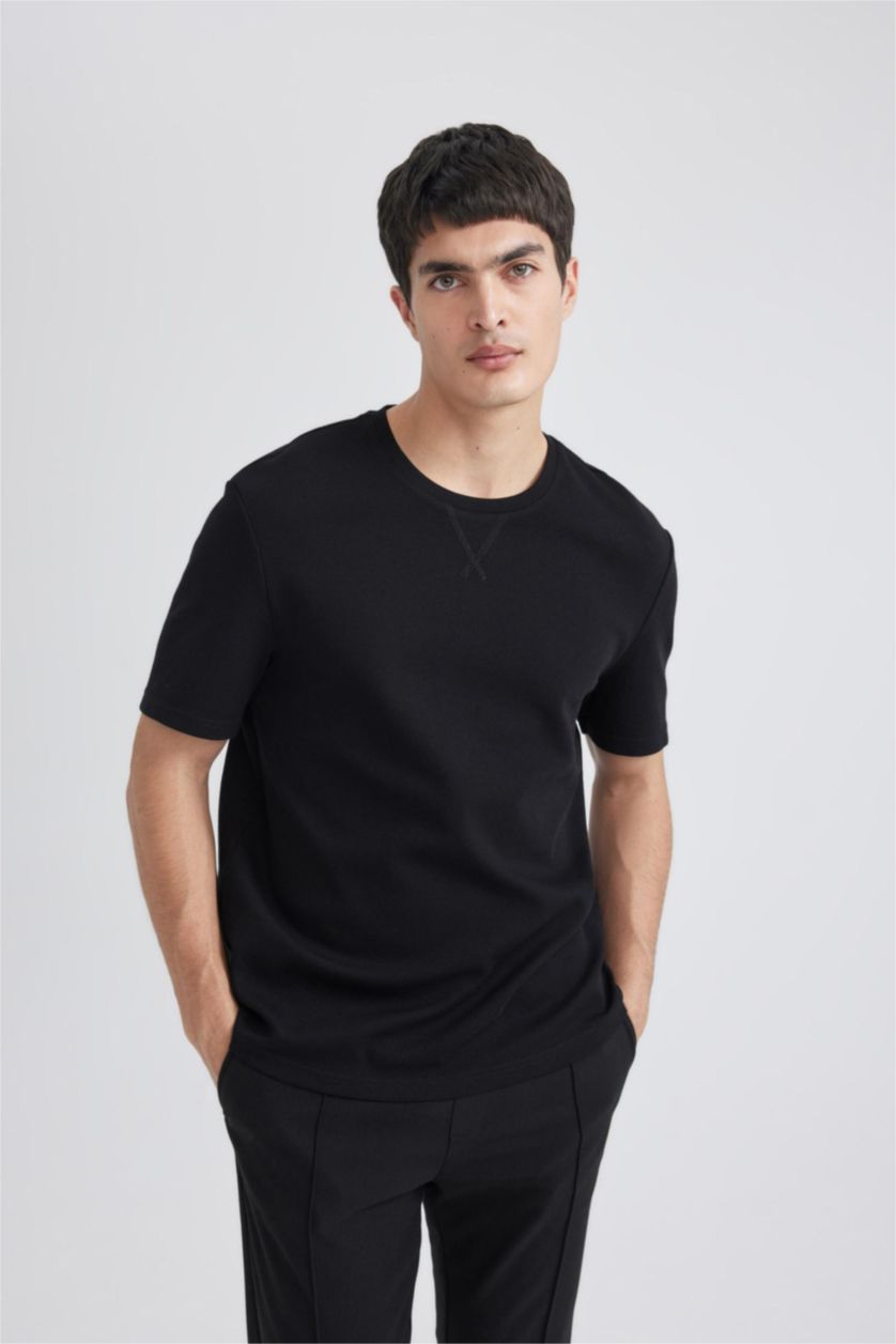 رجالي أسود تيشيرت قصة عادية برقبة مستديرة