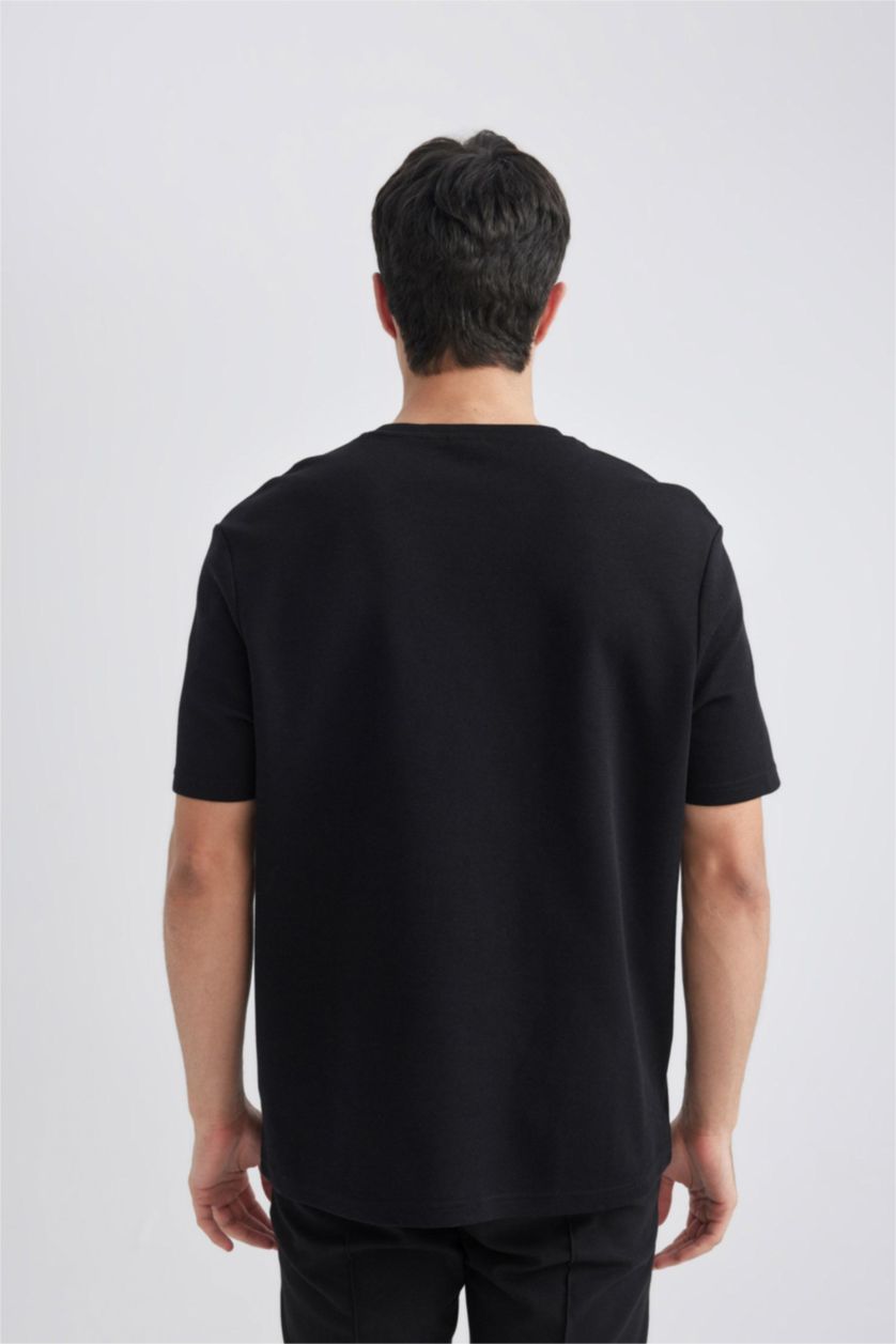 رجالي أسود تيشيرت قصة عادية برقبة مستديرة