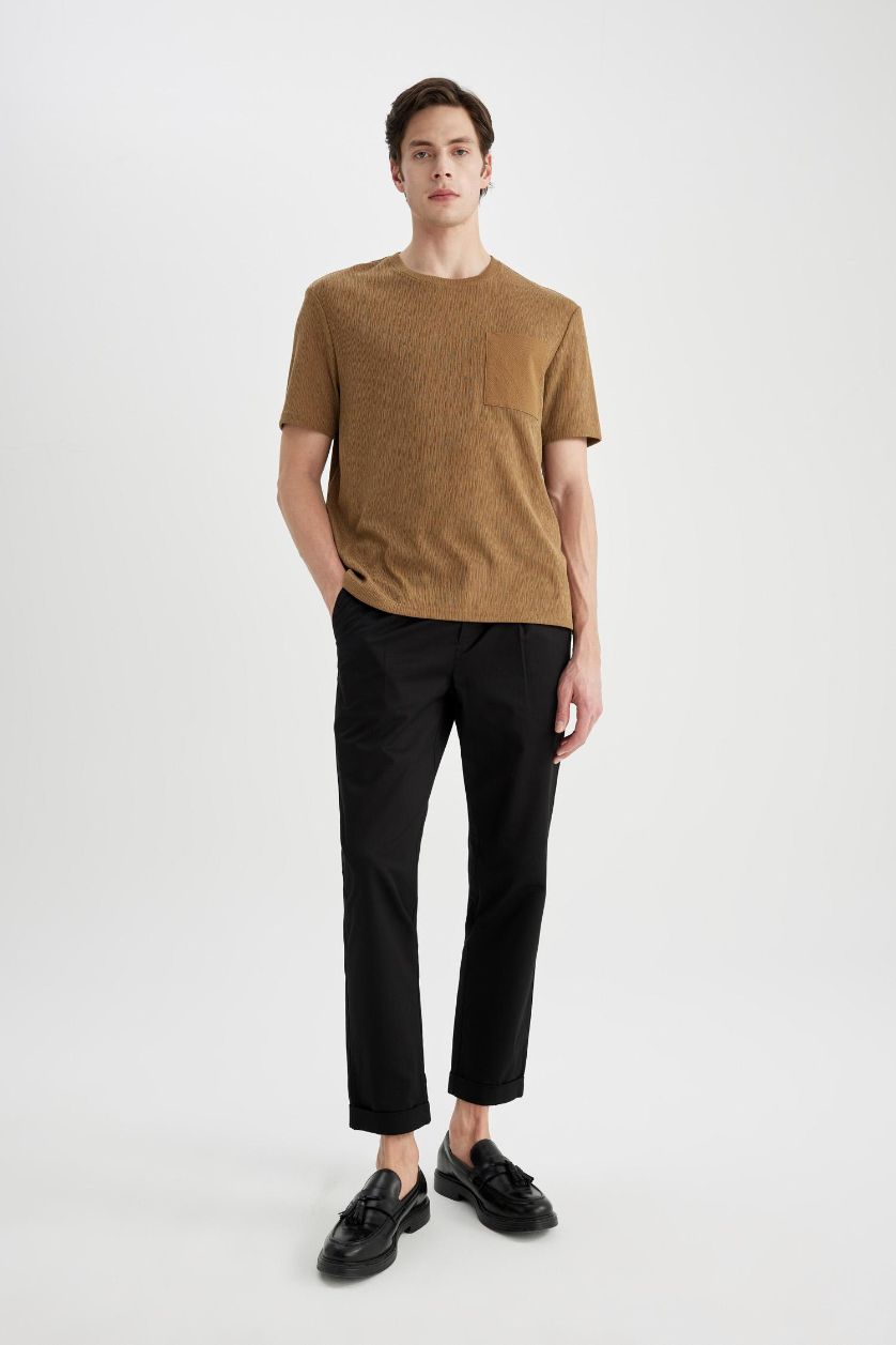 Erkek Camel Regular Fit Bisiklet Yaka Cepli Kısa Kollu Tişört