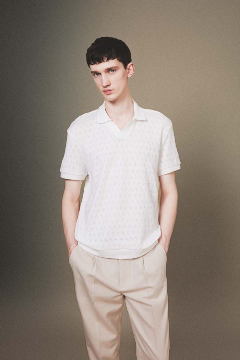 Man White Regular Fit Knitting Look Short Sleeve Polo T-Shirt