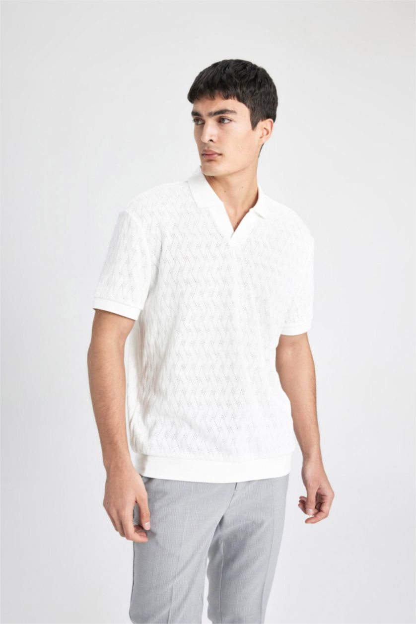 Man White Regular Fit Knitting Look Short Sleeve Polo T-Shirt
