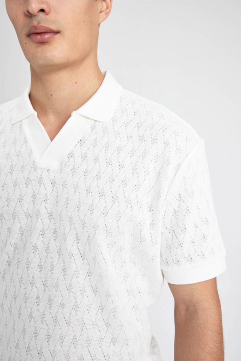 Man White Regular Fit Knitting Look Short Sleeve Polo T-Shirt
